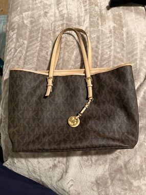 Michael Kors Brown Logo Tote with Cream Trim and Gold Charm